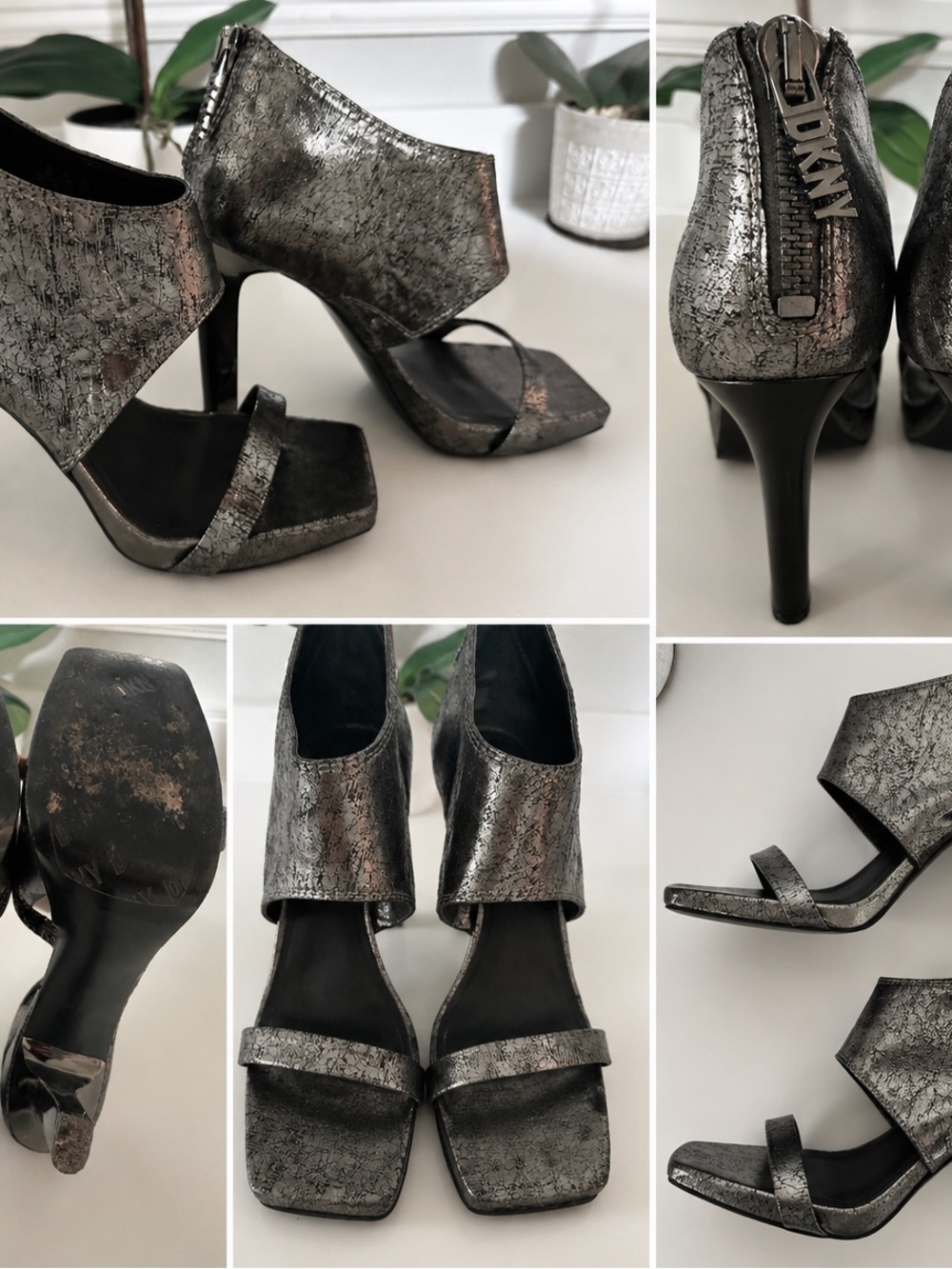 DKNY Metallic Pewter Open-Toe Stiletto Heel Sandals
